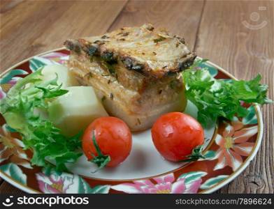 Roasted pork belly with salad and vegetables