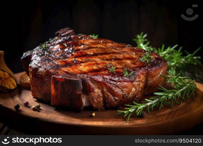 Roasted pork steak on the dark wooden surface.