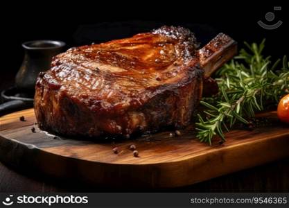 Roasted pork steak on the dark wooden surface.