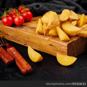 Roasted potato wedges on wooden board