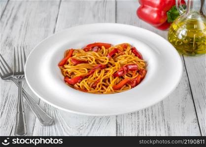 Roasted Red Pepper Spaghetti Pasta On The Plate