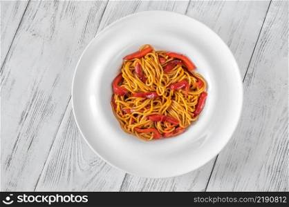 Roasted Red Pepper Spaghetti Pasta On The Plate