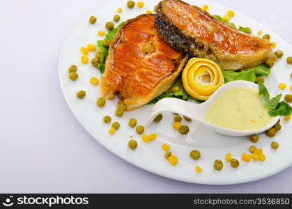 Roasted salmon in the plate