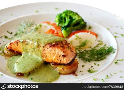 roasted salmon served with green sauce