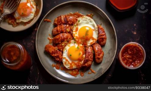 Roasted sausage with egg and red sauce. Generative AI