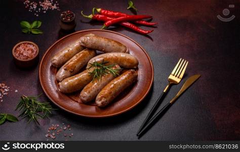 Roasted sausages grill with spices and herbs with salt and pepper on a dark concrete background. Meat dish cooked over an open fire. Roasted sausages grill with spices and herbs with salt and pepper