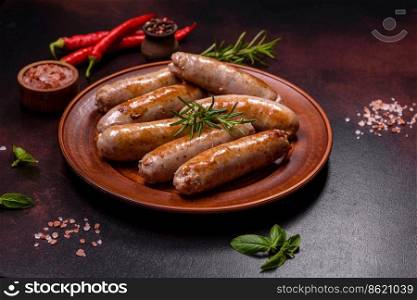 Roasted sausages grill with spices and herbs with salt and pepper on a dark concrete background. Meat dish cooked over an open fire. Roasted sausages grill with spices and herbs with salt and pepper