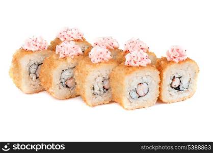 roasted sushi rolls with cucumber, shrimp, tobiko caviar on white