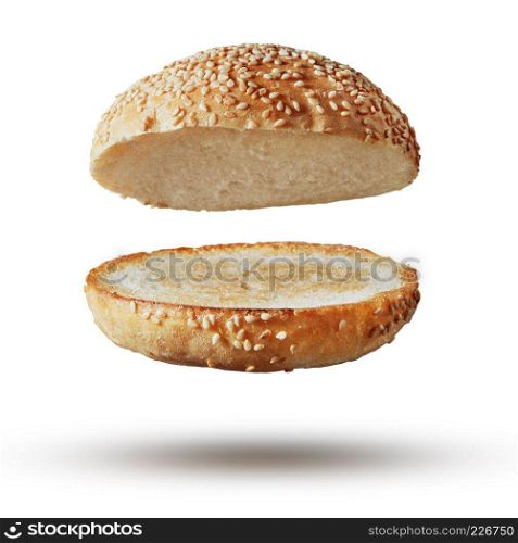 Roasted toasted burger top without fillings flying, levitating at white.. Burger bun empty isolated