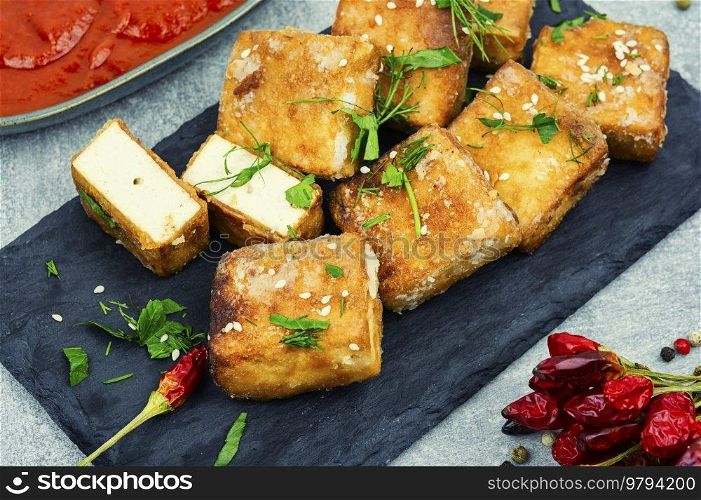 Roasted tofu cheese,asian vegan food. Tasty tofu cheese roasted with sesame