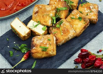Roasted tofu cheese,asian vegan food. Tasty tofu cheese roasted with sesame