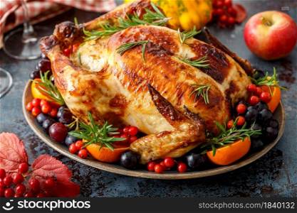 Roasted turkey or chicken for festive dinner for Thanksgiving or Christmas
