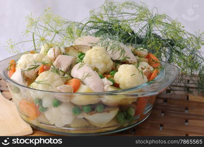 Roasted vegetables with slices of chicken and fennel in a pan
