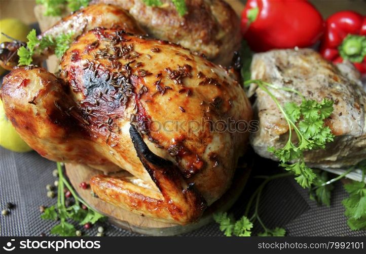 Roasted whole chicken, fillet, meatloaf