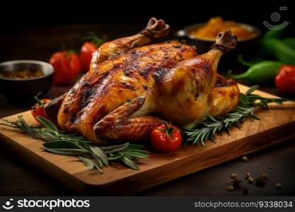 Roasted whole chicken on a wooden board. Generative AI