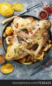 Roasted whole duck with pineapple and quince. Whole baked duck