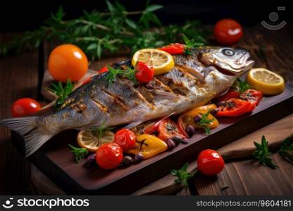 Roasted whole sea bream fish with vegetables