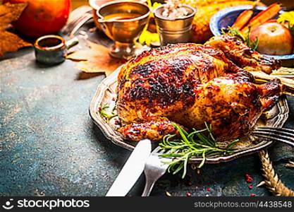 Roasted whole turkey or chicken on festive rustic table with festive autumn decoration for Thanksgiving Day
