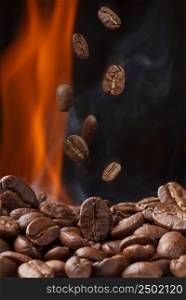 Roasting coffee with smoke and falling beans