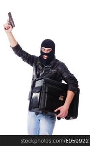 Robber with stolen suitcase and gun