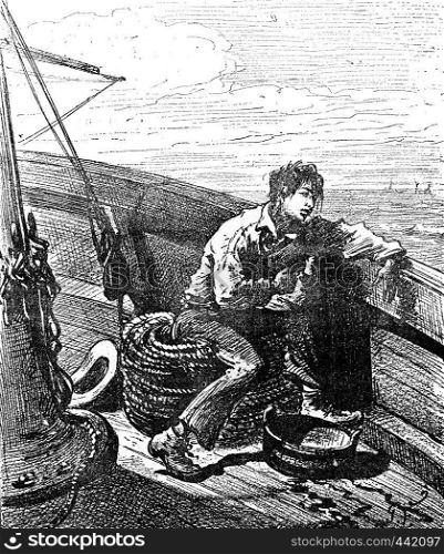 Robinsons of Guyana. The Parisian was seasick, vintage engraved illustration. Journal des Voyage, Travel Journal, (1880-81).