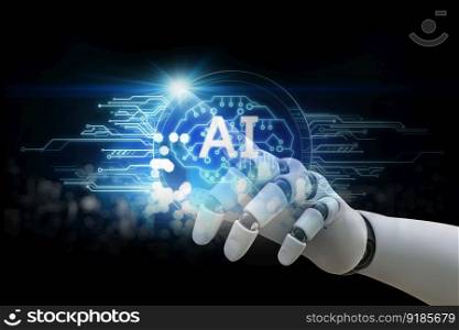 robot ai with hand robot pointing AI technology digital graphic design black background, AI machine learning hands of robot science and artificial intelligence technology innovation and futuristic