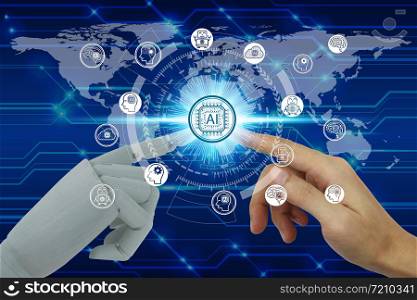 Robot and human hand touching virtual screen Artificial Intelligence technology icon over the Network connection, Artificial Intelligence Technology Concept
