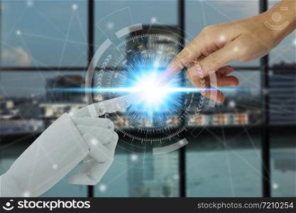 Robot and human hands touching on technology and city background, Artificial Intelligence Technology Concept