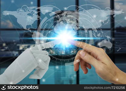 Robot and human hands touching on technology and city background, Artificial Intelligence Technology Concept