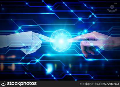 Robot and human hands touching on technology background, Artificial Intelligence Technology Concept