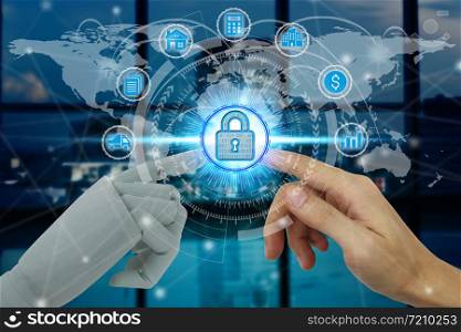 Robot and human hands with touching virtual padlock icons on technology background, Artificial Intelligence Technology Concept