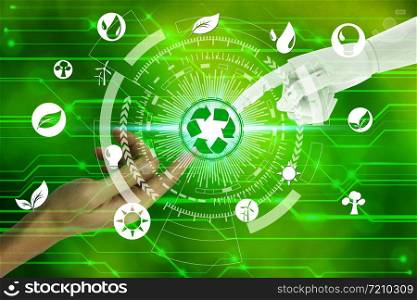 Robot and human hands with touching virtual recycle and environment icons over the network connection on nature background, Artificial Intelligence and Technology ecology concept