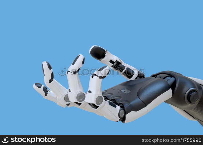 Robot android hand isolated on blue background. 3D illustration. Robot android hand isolated on blue background