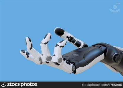 Robot android hand isolated on blue background. 3D illustration. Robot android hand isolated on blue background