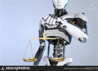 Robot android holding a Scales of Justice. 3D illustration. Robot android holding a Scales of Justice