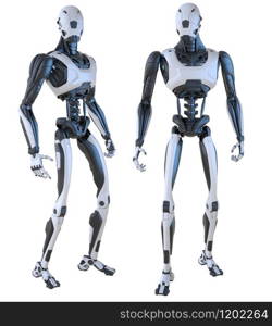 Robot android isolated on white. Clipping path included. 3D illustration. Robot android isolated on white