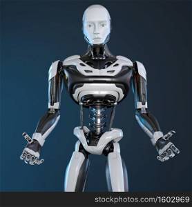 Robot android posing on a dark background. 3D illustration. Robot android posing on a dark background