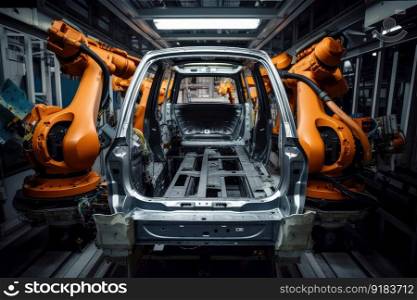 robot arm guiding human worker in the assembly of a car, created with generative ai. robot arm guiding human worker in the assembly of a car