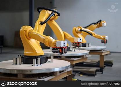 robot arm moving product to different location in factory, created with generative ai. robot arm moving product to different location in factory