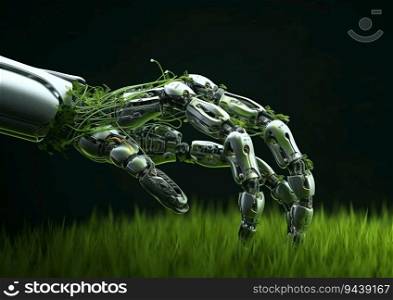 Robot arm touching green grass.New technologies against nature concept picture.AI Generative.