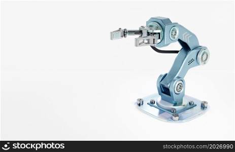 Robot arm with hand grip for manufacturing industrial plant on isolated white background. Technology and Futuristic concept. Artificial intelligence and Iot. 3D illustration rendering