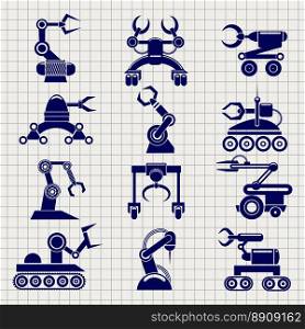 Robot arms collection on notebook backround. Robot arms elements collection on notebook backround, vector ilustration