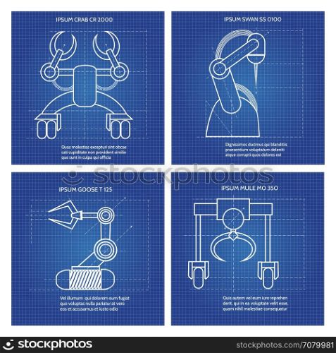 Robot arms line art design. Robot arms line art design. Vector blue robotic armed machines cards