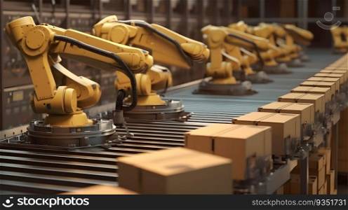 Robot Arms working with cardboard boxes on roller conveyor with storage warehouse background. Generative AI