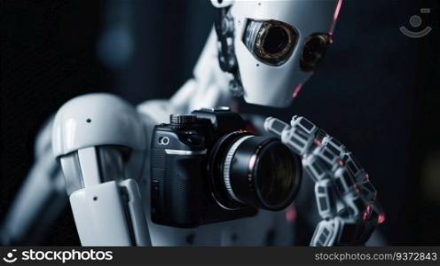 Robot, artificial intelligence, takes pictures with a camera, the concept of Photographer Day. Header banner mockup with copy space. AI generated.. Robot, artificial intelligence, takes pictures with a camera, the concept of Photographer Day. AI generated.