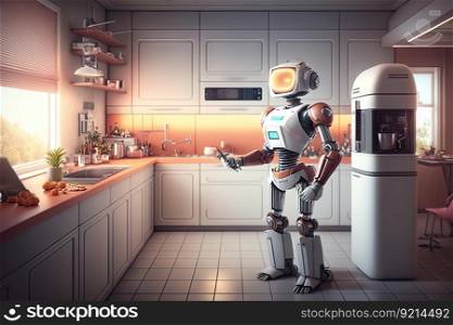 robot assistant, cooking delicious meal for family, with view of futuristic kitchen, created with generative ai. robot assistant, cooking delicious meal for family, with view of futuristic kitchen