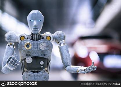 Robot cyber future futuristic humanoid auto, automobile, automotive car check fix in garage industry inspection inspector insurance maintenance mechanic repair robot service technology