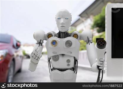 Robot cyber future futuristic humanoid Hi tech industry garage EV-car charger recharge refuel electric station vehicle transport transportation future Car customers for transport automotive automobile