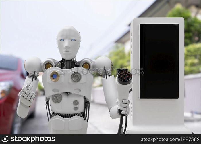 Robot cyber future futuristic humanoid Hi tech industry garage EV-car charger recharge refuel electric station vehicle transport transportation future Car customers for transport automotive automobile