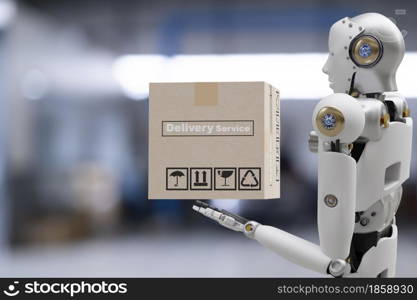 Robot cyber future futuristic humanoid hold box product technology engineering device check, for industry inspection inspector transport maintenance robot service technology